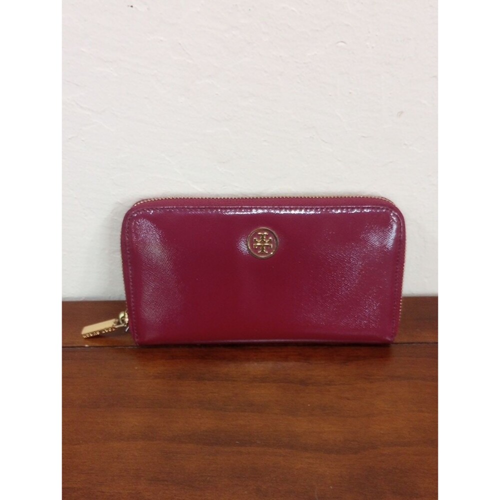Tory Burch Maroon Leather Continental Zip Wallet